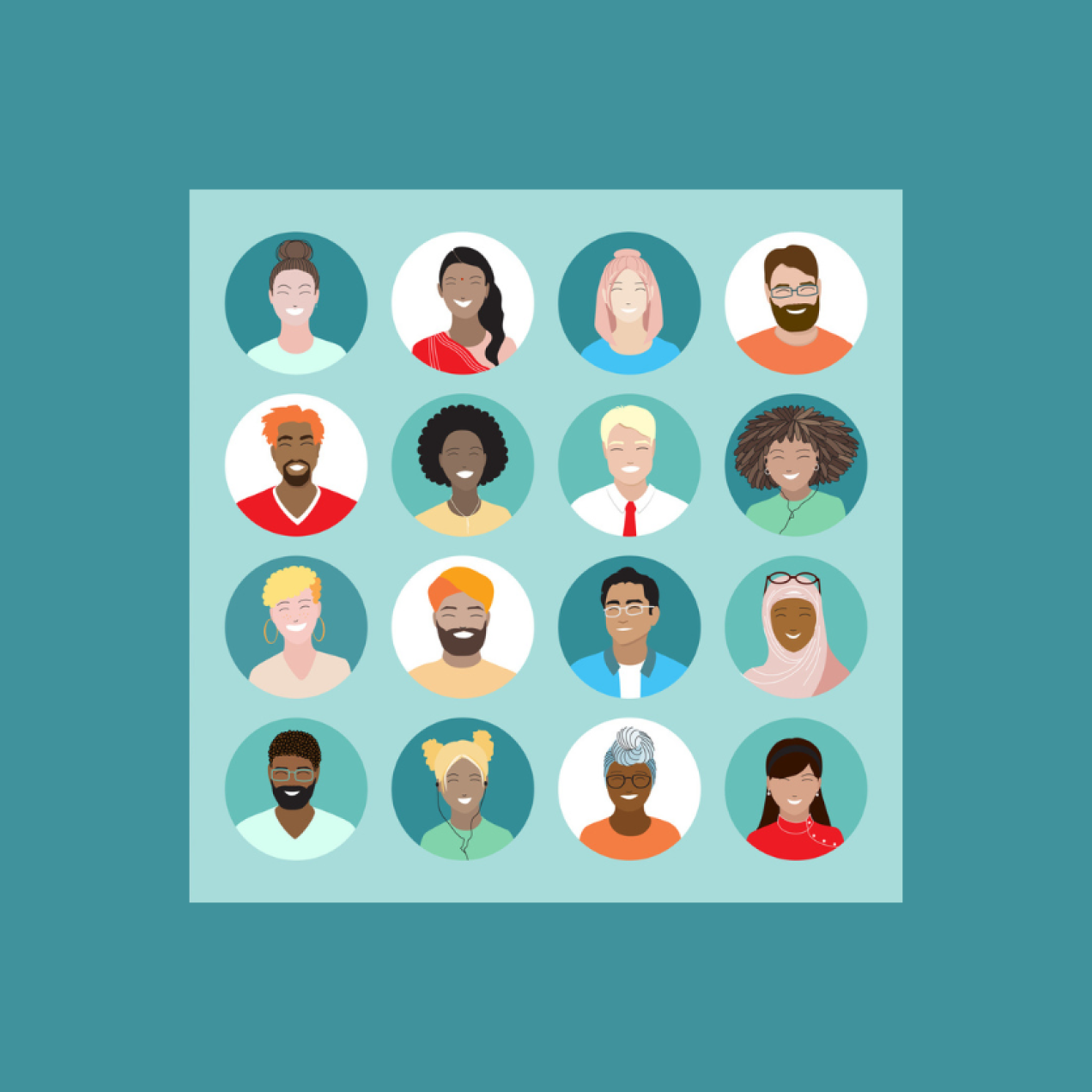 Illustration of twelve people's heads in a grid formation of four horizontal and four vertical. The illustrations shows a diverse range of people with different skin tones, hairstyles, cultural dress and ages. All are smiling.